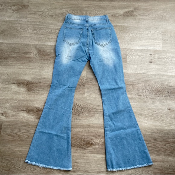 Blue High Waist Denim Distressed Flare Leg Jeans Sz S - Picture 4 of 4